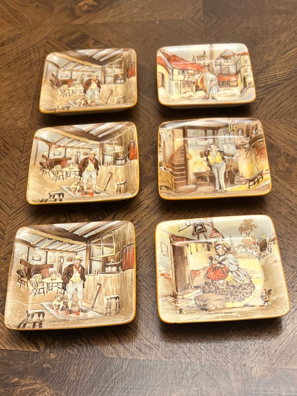 Vintage Set Of 6 New Hall Hanley Ceramic Trinket Dish / Ash Tray Charles Dickens